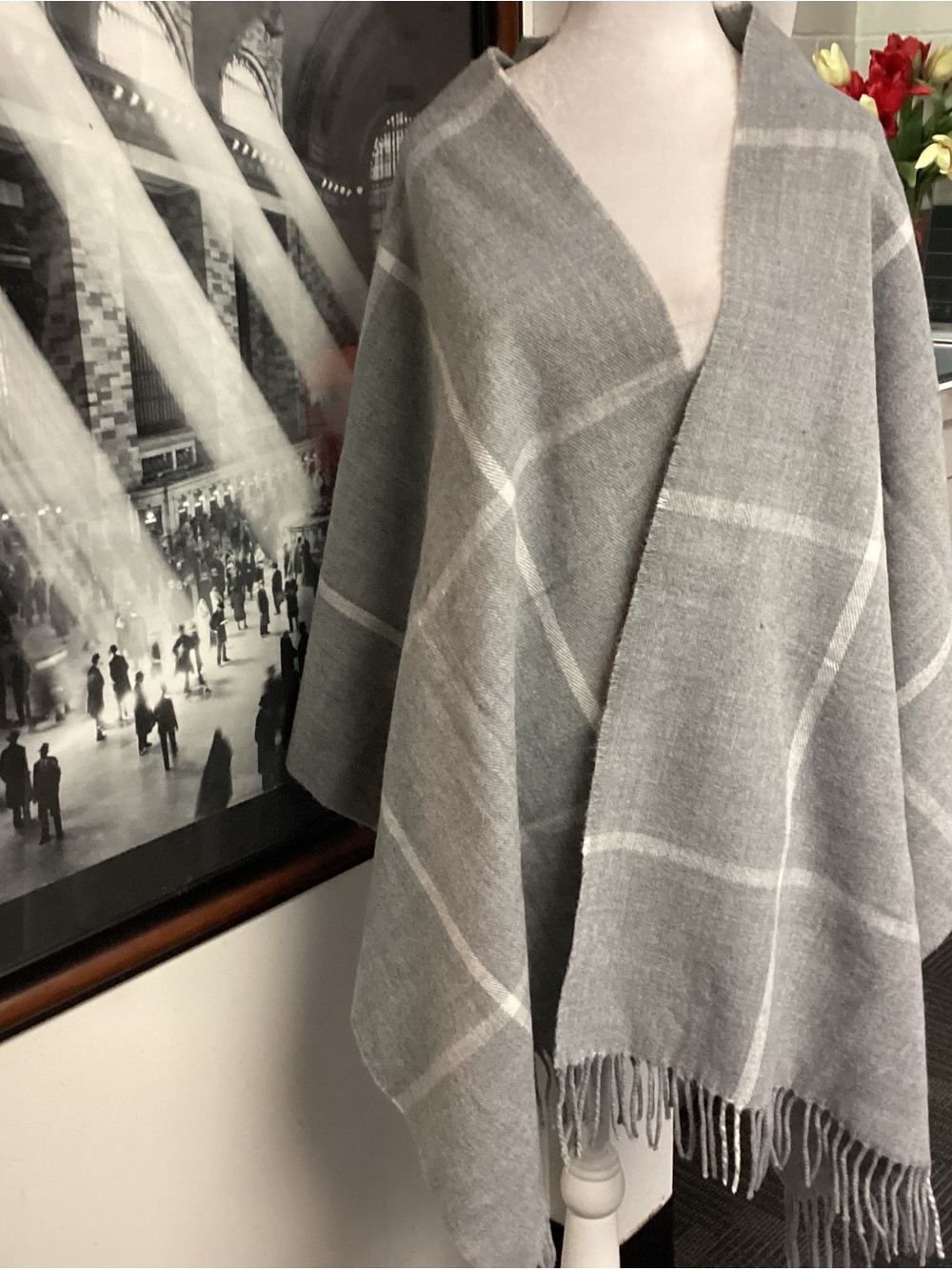 J. Crew Gray Windowpane Wrap Poncho